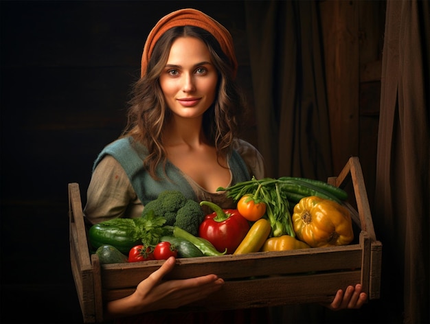 Woman farmer holding vegetables in a bucket