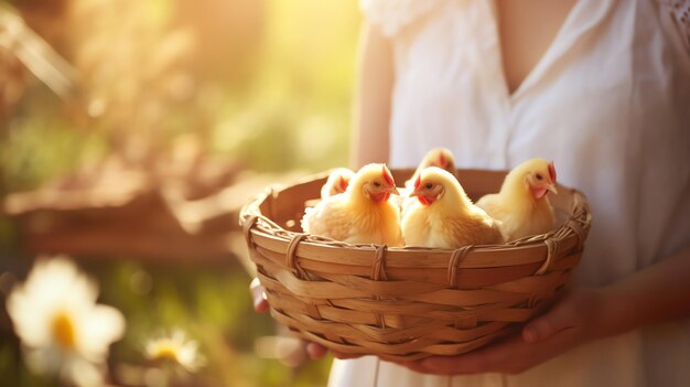 Woman farmer holding a wooden basket with organic eggs ai generated image