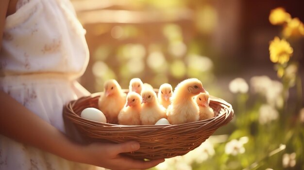 Woman farmer holding a wooden basket with organic eggs AI generated image