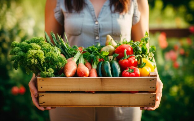 Photo woman farmer holding a wooden crate with organic fresh vegetables generative ai