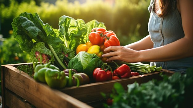 Woman farmer puts different vegetables and herbs in a wooden box