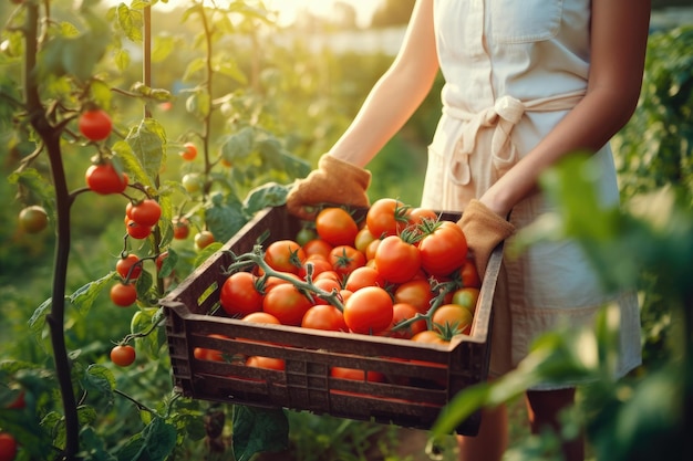 Woman farmer putting tomatoes in box on eco farm