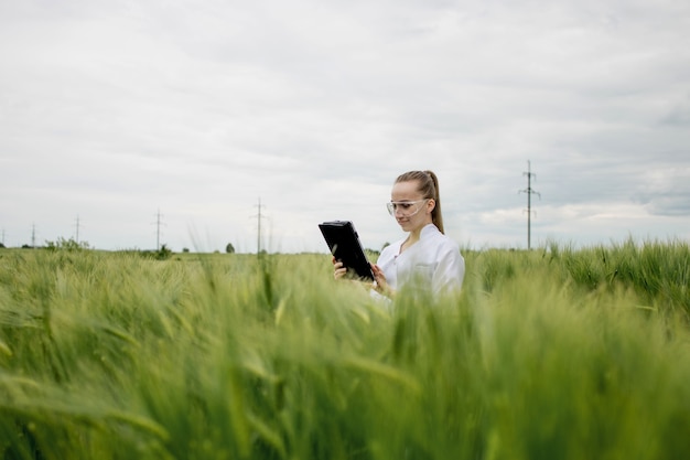 woman farmer wearing white bathrobe is checking harvest progress on tablet at the green wheat field