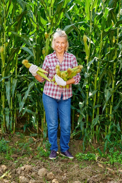 Woman farmer with a crop of corn.