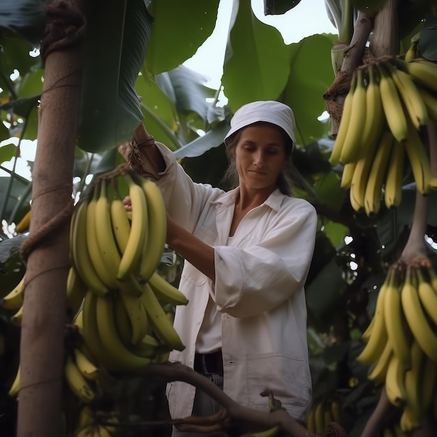 Photo woman farmer worker picking bananas on plantation gathering harvest food agriculture organic products