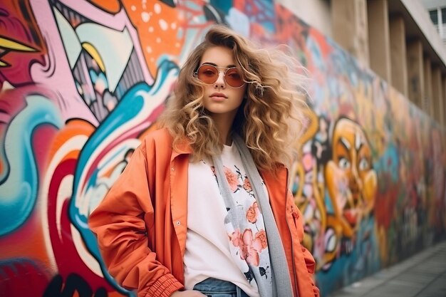Модная блогерка позирует для фотосессии в уличном стиле