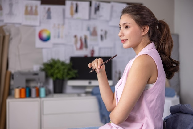 A woman fashion designer who was inspired by an Asian tailor is brainstorming new innovative ideas at work In the atelier studio a smiling gorgeous lady small company owner dreams