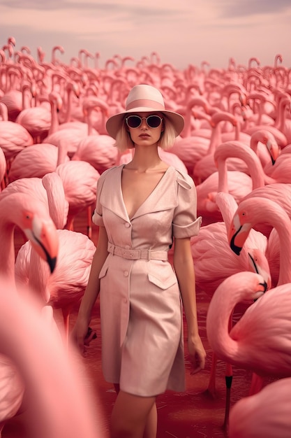 woman fashion in pink walking amid pink flamingos Generative AI