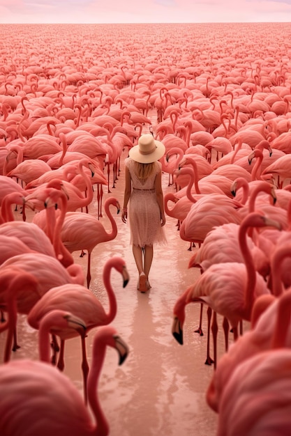 woman fashion in pink walking amid pink flamingos Generative AI