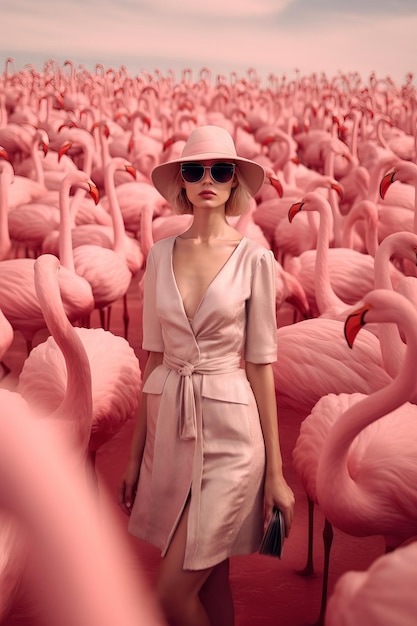 woman fashion in pink walking amid pink flamingos Generative AI