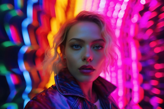 Woman fashion portrait on abstract colorful background Female model looking at camera neon colored lighting Created with Generative AI
