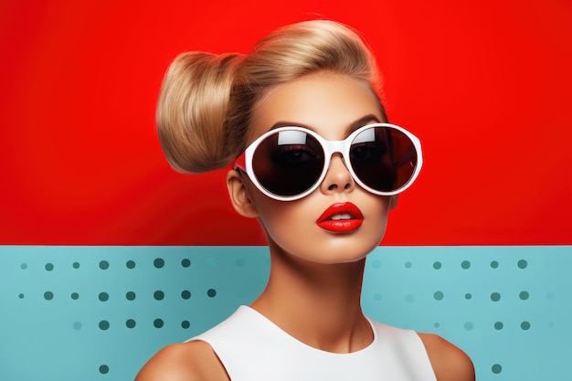 Woman fashion portrait Stylish female model with polka dot elements and sunglasses looking at camera