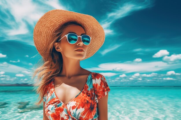 Woman fashion at tropical beach summer art concept