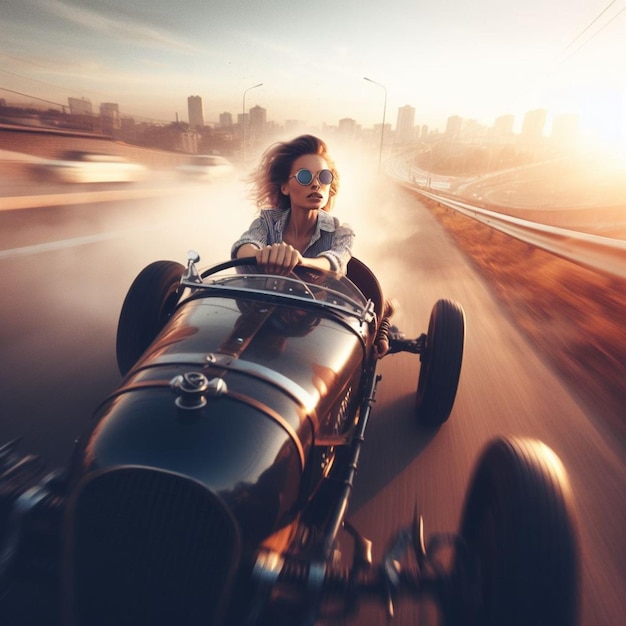 写真 女性高速ドライブ ビンテージ ロードスター ジャンプ坂都市に到着モーションぼやけて二次道路