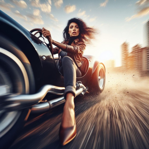 写真 女性高速ドライブ ビンテージ ロードスター ジャンプ坂都市に到着モーションぼやけて二次道路