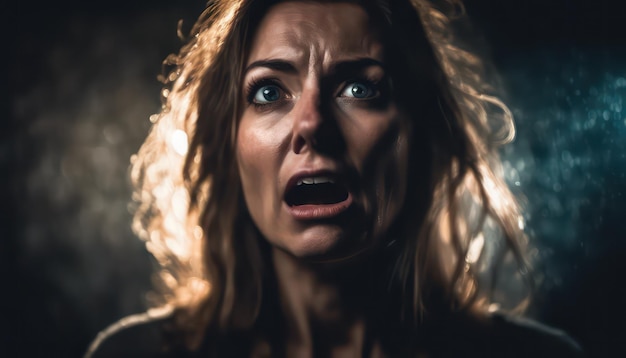 Woman in fear intense emotion in dramatic lighting