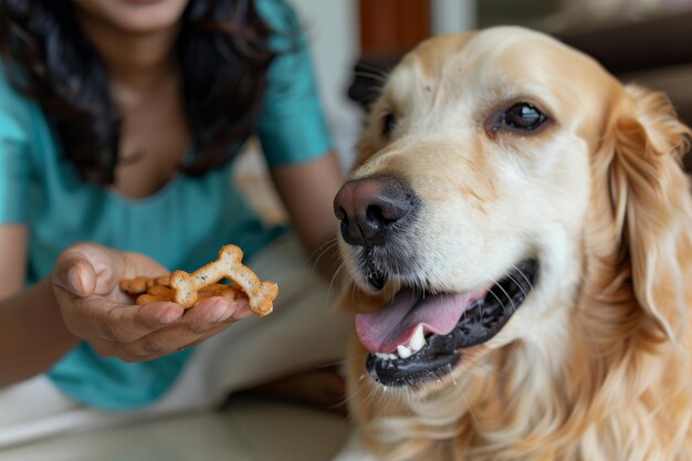 a woman feeding her dog