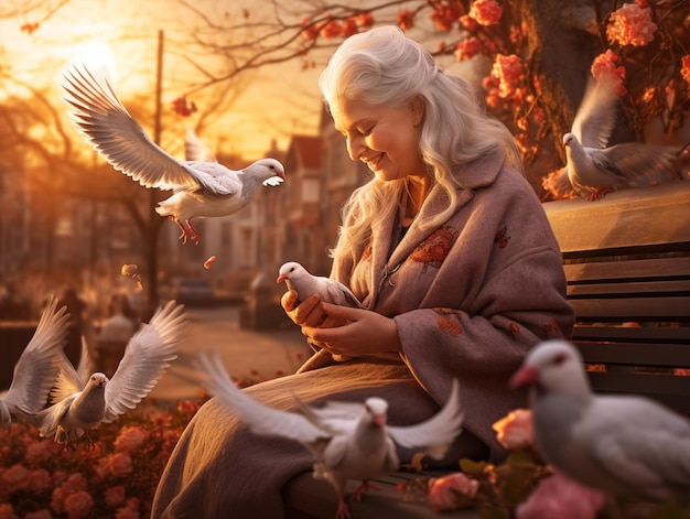 Photo a woman feeds pigeons in a park at sunset