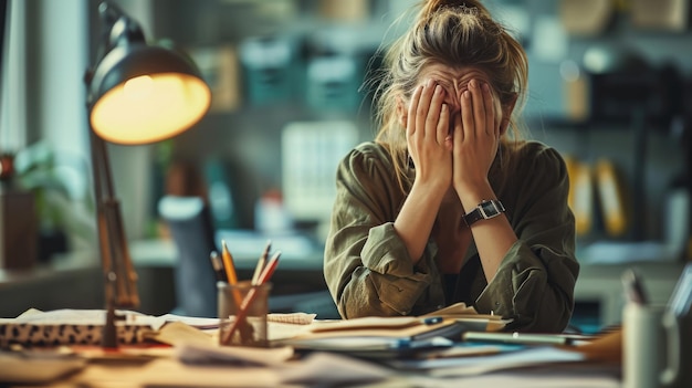 Фото Женщина чувствует стресс, работая на ноутбуке, она держит голову в руках, больное выражение лица, означающее головную боль, разочарование или истощение.