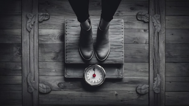 Woman feet standing on weight scale on wooden background