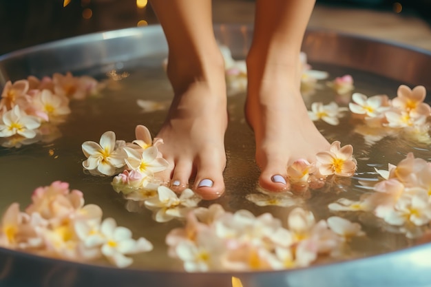 Woman feets after spa procedure in beauty salon