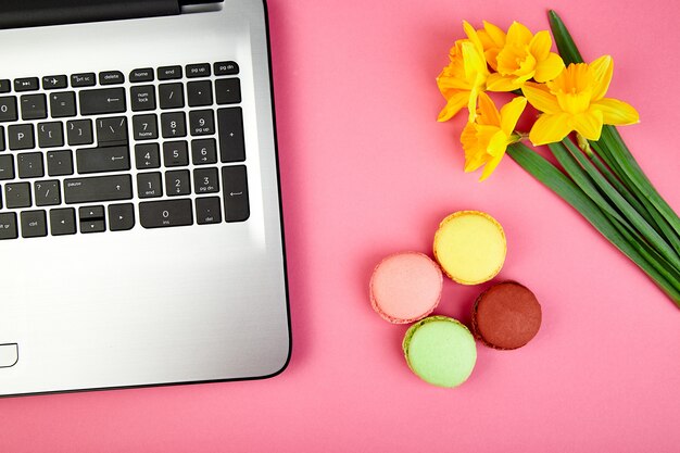 Woman or feminine workspace with notebook, macarons and flowers narcissus