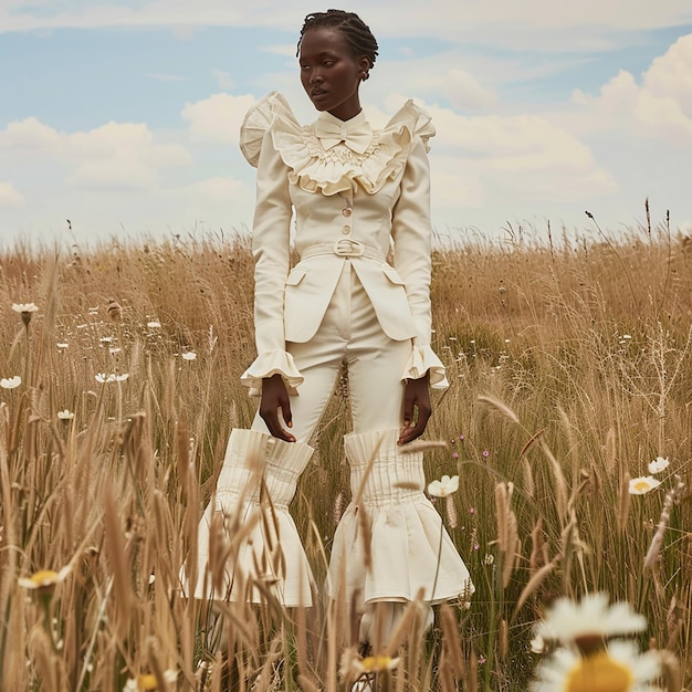 a woman in a field of daisies is standing in a field