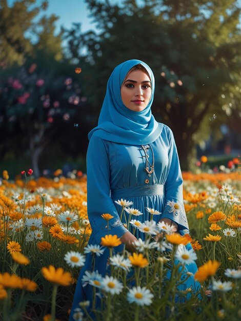 a woman in a field of daisies with a blue dress