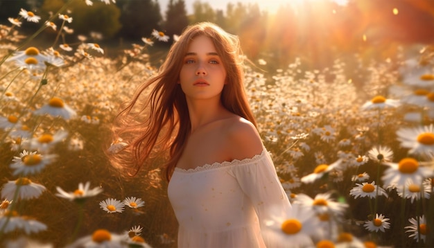 A woman in a field of daisies