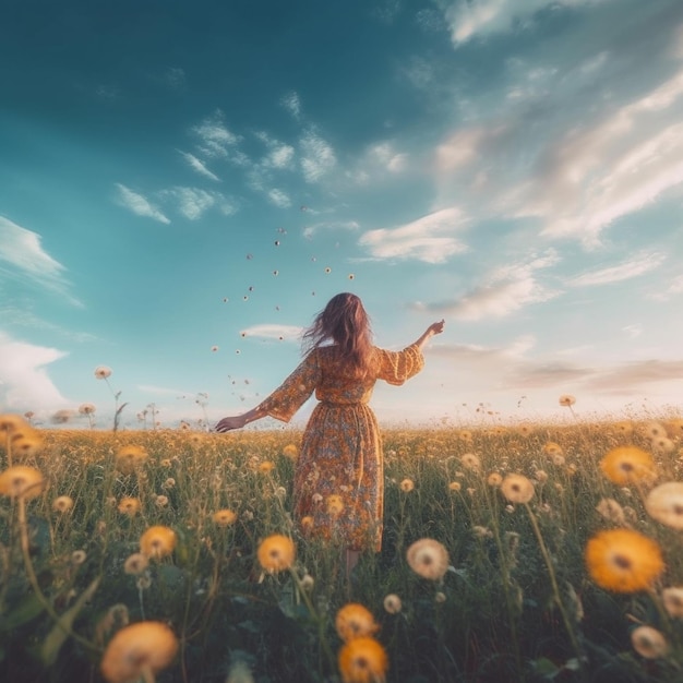 a woman in a field of dandelions with the sun behind her