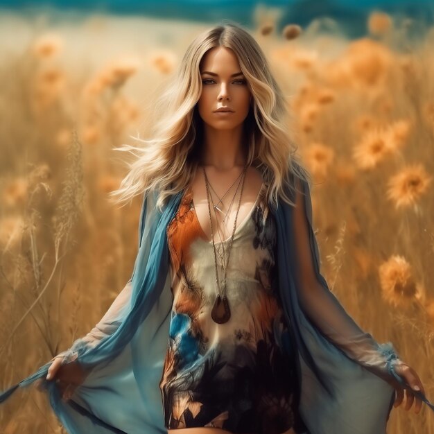 a woman in a field of dandelions