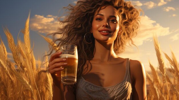 Woman in the field drinking beer