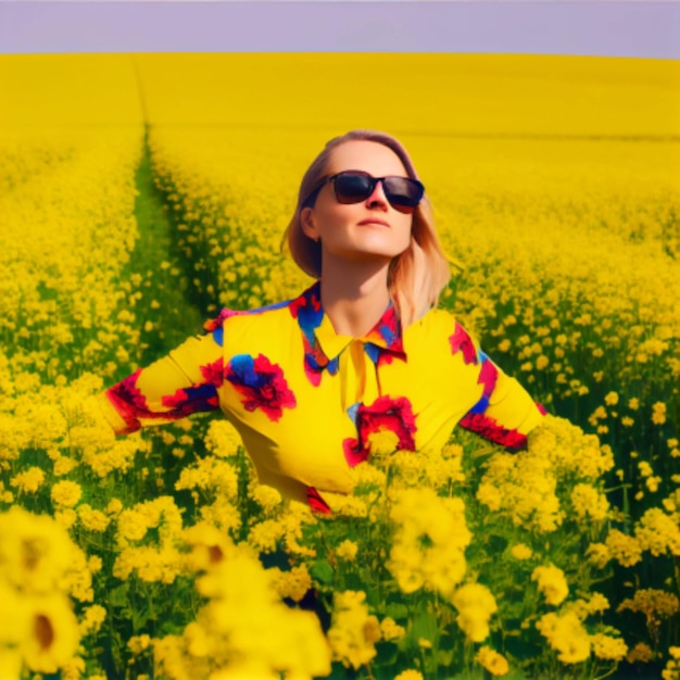 A woman in a field of flowers is wearing sunglasses