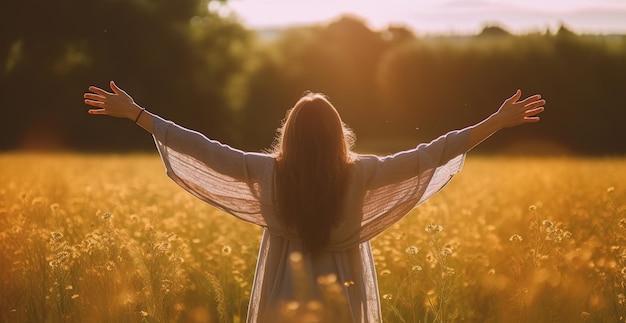 A woman in a field of flowers with her arms outstretched