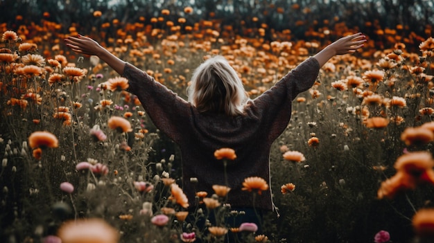 A woman in a field of flowers with her arms outstretched