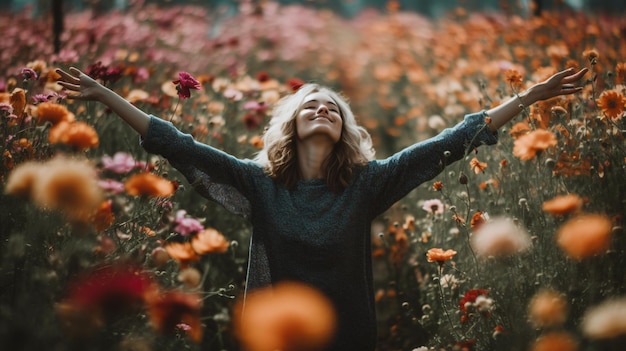 A woman in a field of flowers with her arms outstretched