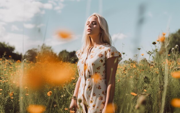 A woman in a field of flowers with her eyes closed