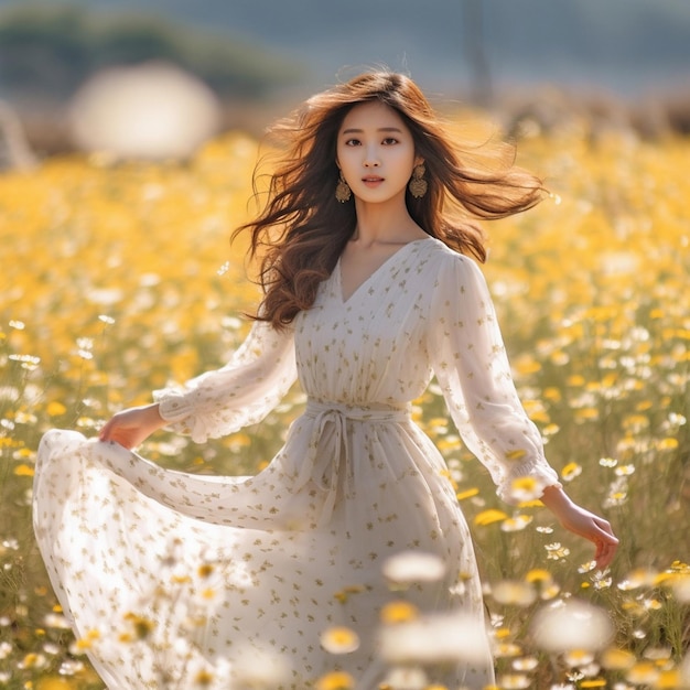 a woman in a field of flowers with her hair blowing in the wind.