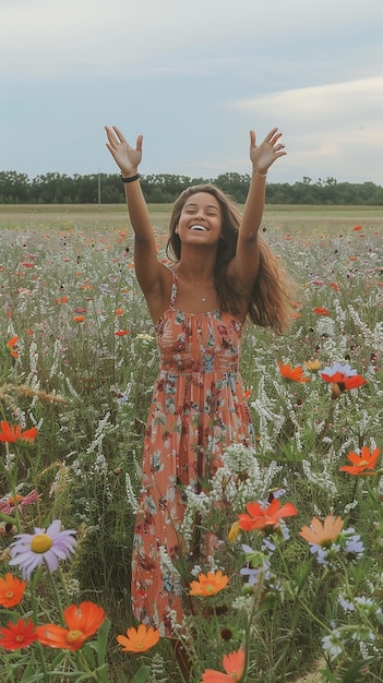 женщина в поле цветов с руками в воздухе