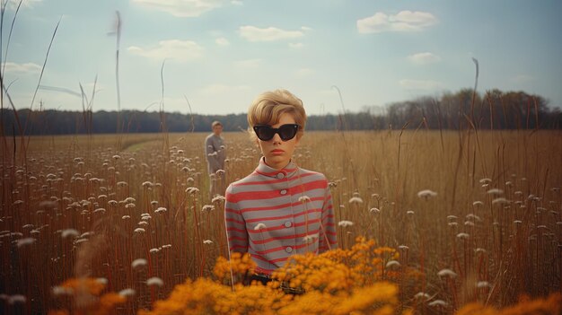 Photo a woman in a field of flowers with a man in the background