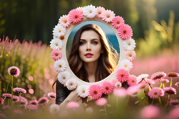 Foto una donna in un campo di fiori con uno specchio