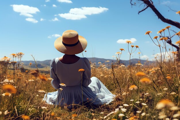 Woman in a field of flowers with mountains in the background