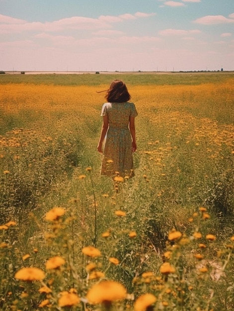 a woman in a field of flowers with a sky background