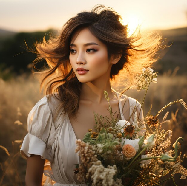 a woman in a field of flowers with the sun behind her