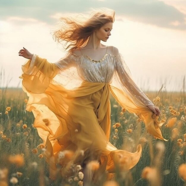 Photo woman in a field of flowers with the sun behind her