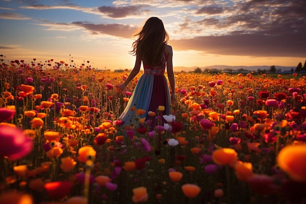 Foto una donna in un campo di fiori con il sole che tramonta dietro di lei