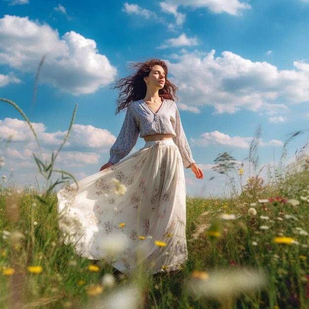 женщина в поле цветов с солнцем, сияющим на ее лице