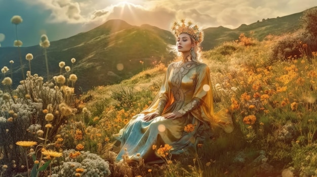 A woman in a field of flowers with a sunburst on her head