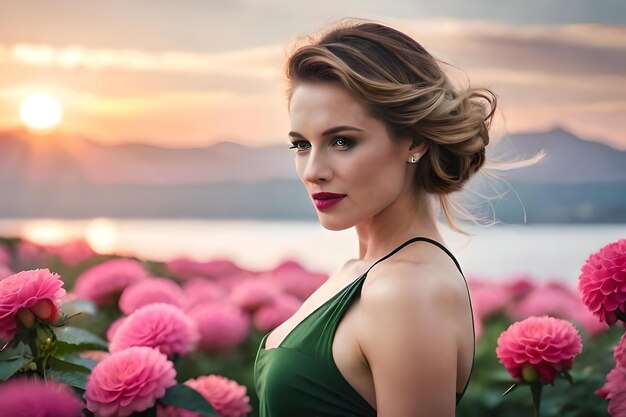 A woman in a field of flowers with the sunset behind her