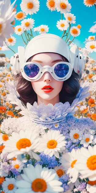 A woman in a field of flowers with a white helmet and sunglasses
